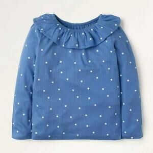 Mini Boden Girl's Ruffle Neck  Jersey  Elizabeth   Blue  Spot  Top size 8-9Y GUC